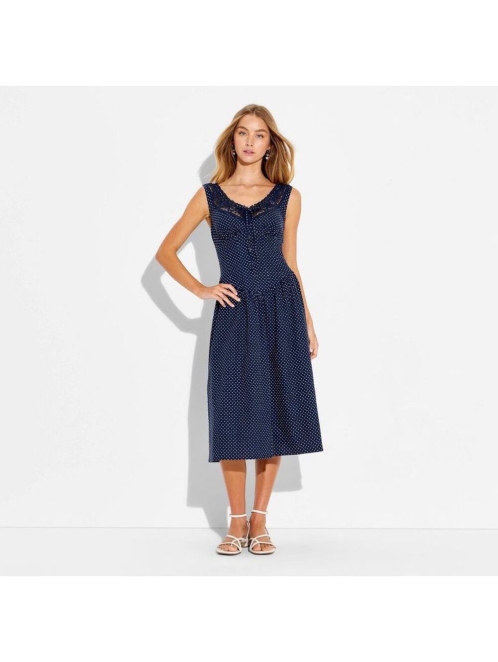 Wild Fable Button-Front Women’s Midi Dress S Navy White Polka Dot Lace Trim